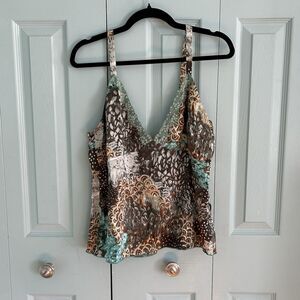 Y2K Meno Cino Silk Satin Babydoll Tank Top XL Lace Beaded Coquette Brown Blue